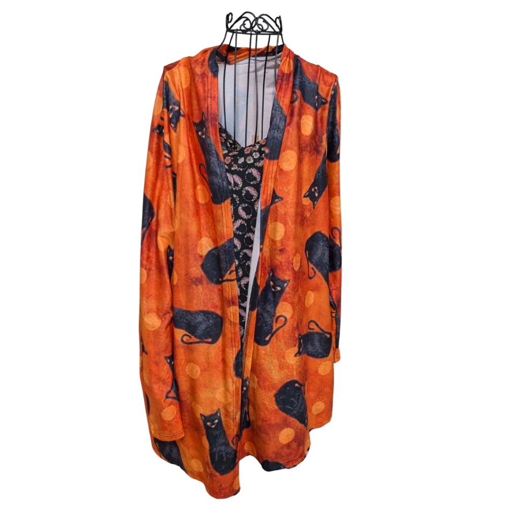 Spooky Season Orange & Black Cat Halloween Cardigan - Picture 3 of 3